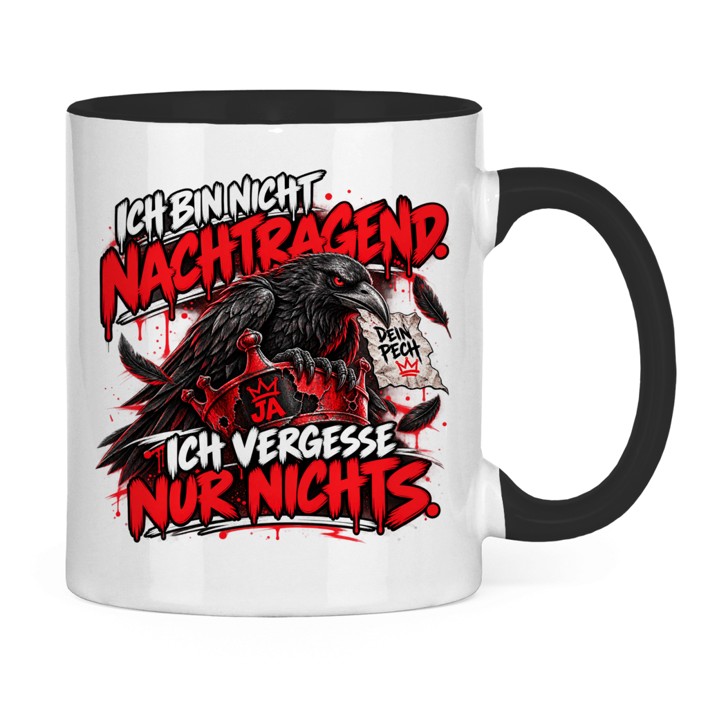 JA Ich vergesse nichts – Tasse in Schwarz, Rückansicht, ebenfalls bedruckt