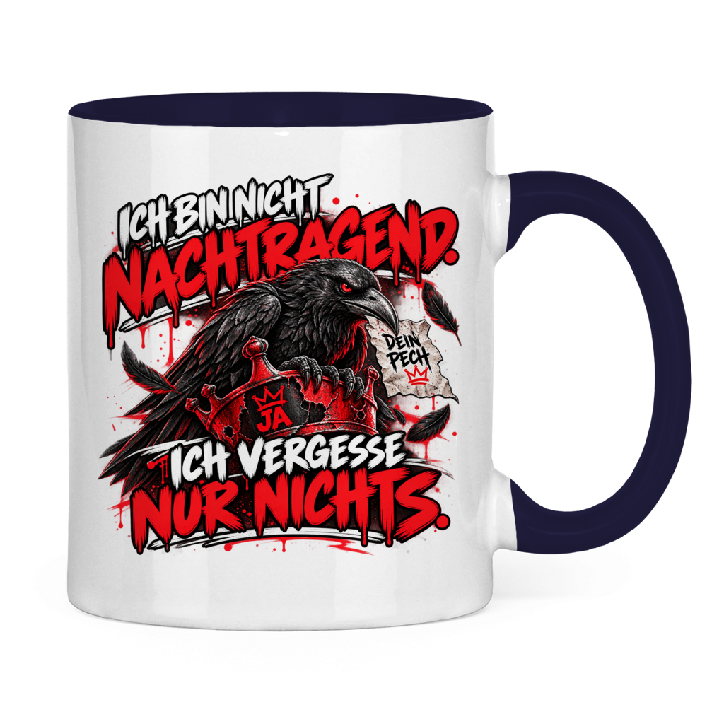 JA Ich vergesse nichts – Tasse in Marineblau, Rückansicht, ebenfalls bedruckt