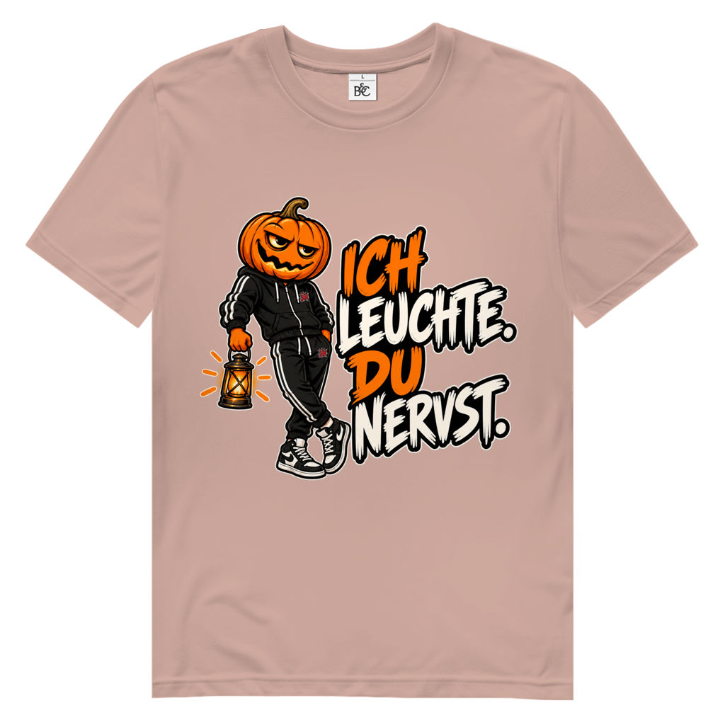 JA Ich leuchte – Herren-Bio-T-Shirt in Altrosa, Vorderansicht, Frontdruck: Kürbiskopf mit Laterne und Spruch „Ich leuchte. Du nervst.“