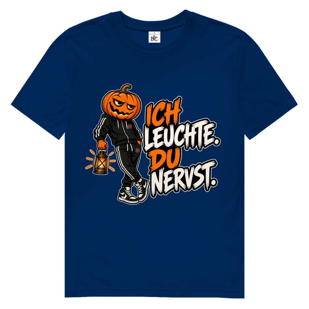 JA Ich leuchte – Herren-Bio-T-Shirt in Marineblau, Vorderansicht, Frontdruck: Kürbiskopf mit Laterne und Spruch „Ich leuchte. Du nervst.“