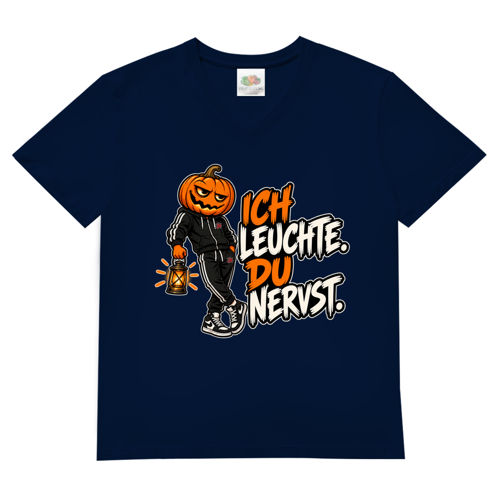JA Ich leuchte – Herren-V-Neck-Shirt in Marineblau, Vorderansicht, Frontdruck: Kürbiskopf mit Laterne und Spruch „Ich leuchte. Du nervst.“