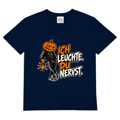 JA Ich leuchte – Herren-V-Neck-Shirt in Marineblau, Vorderansicht, Frontdruck: Kürbiskopf mit Laterne und Spruch „Ich leuchte. Du nervst.“