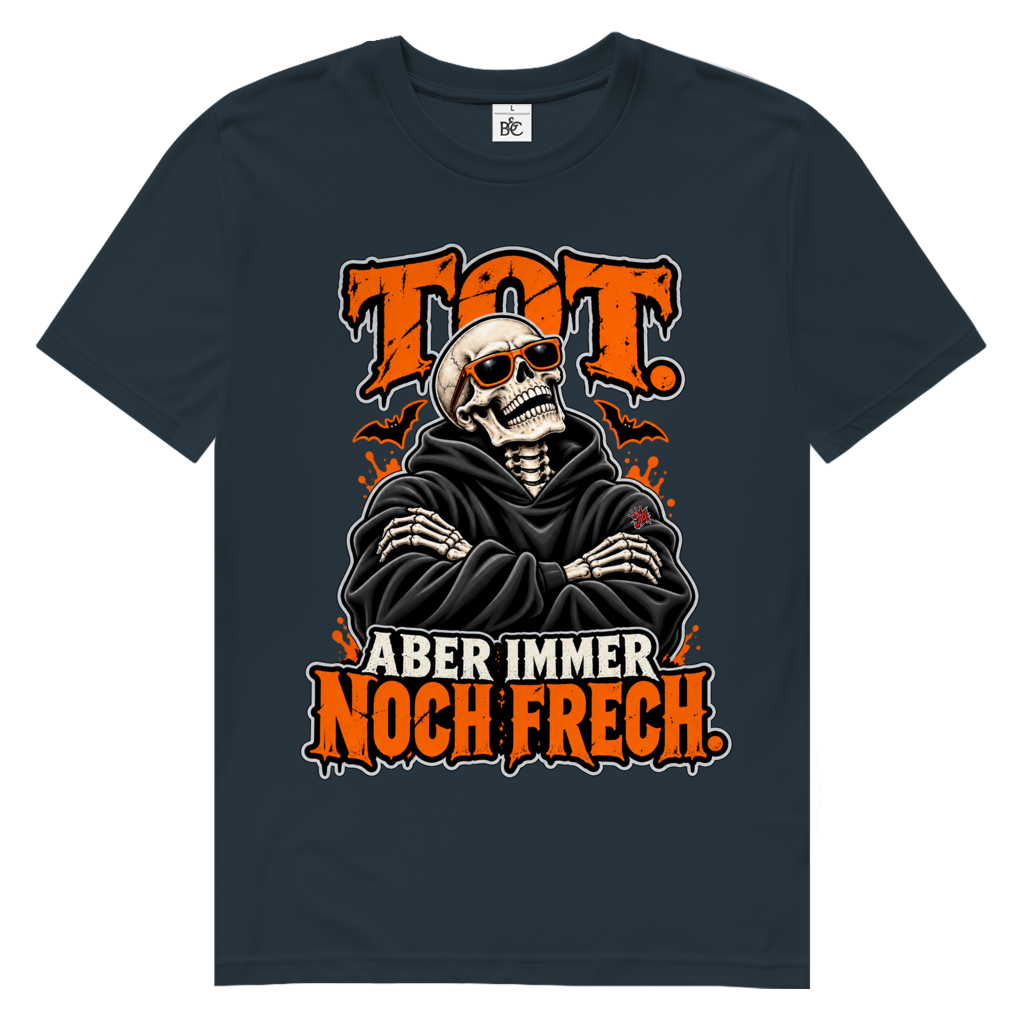 JA Knochenfrech – Herren-Bio-T-Shirt in Dunkelgrau, Vorderansicht, Frontdruck: Skelett mit Sonnenbrille: „Tot. Aber immer noch frech.“ in Orange