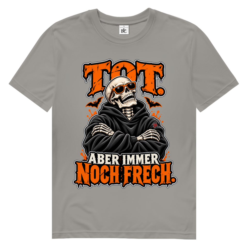 JA Knochenfrech – Herren-Bio-T-Shirt in Hellgrau, Vorderansicht, Frontdruck: Skelett mit Sonnenbrille: „Tot. Aber immer noch frech.“ in Orange