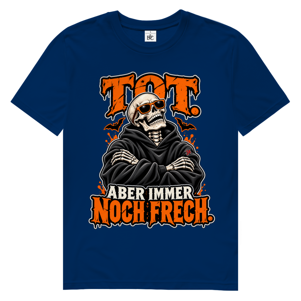 JA Knochenfrech – Herren-Bio-T-Shirt in Marineblau, Vorderansicht, Frontdruck: Skelett mit Sonnenbrille: „Tot. Aber immer noch frech.“ in Orange