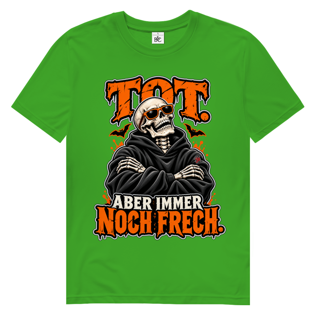 JA Knochenfrech – Herren-Bio-T-Shirt in Grün, Vorderansicht, Frontdruck: Skelett mit Sonnenbrille: „Tot. Aber immer noch frech.“ in Orange