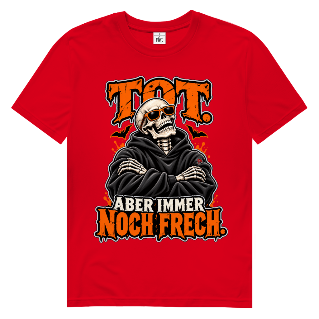 JA Knochenfrech – Herren-Bio-T-Shirt in Rot, Vorderansicht, Frontdruck: Skelett mit Sonnenbrille: „Tot. Aber immer noch frech.“ in Orange