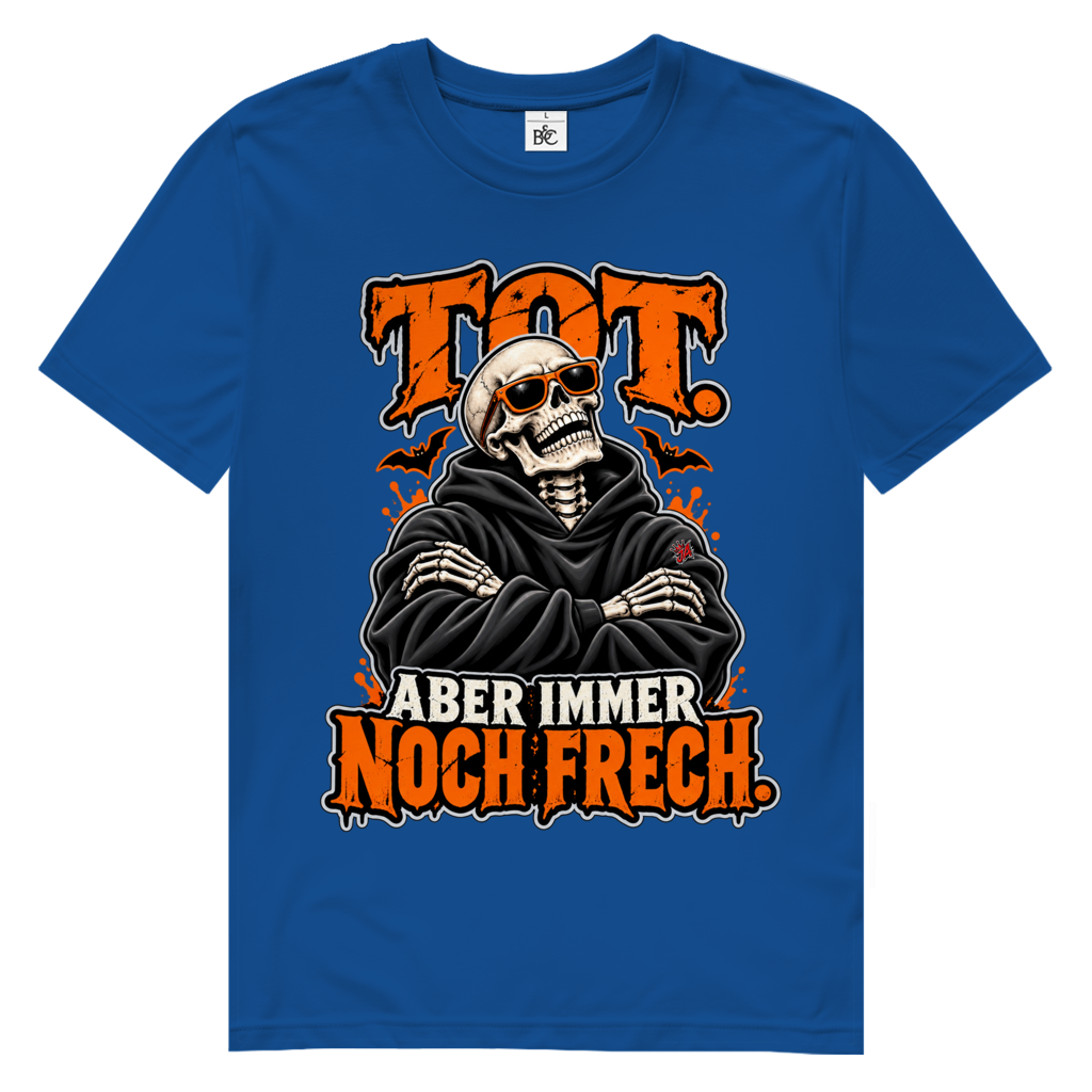 JA Knochenfrech – Herren-Bio-T-Shirt in Royalblau, Vorderansicht, Frontdruck: Skelett mit Sonnenbrille: „Tot. Aber immer noch frech.“ in Orange