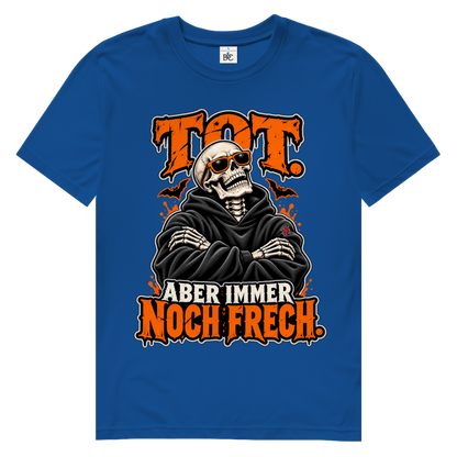 JA Knochenfrech – Herren-Bio-T-Shirt in Royalblau, Vorderansicht, Frontdruck: Skelett mit Sonnenbrille: „Tot. Aber immer noch frech.“ in Orange