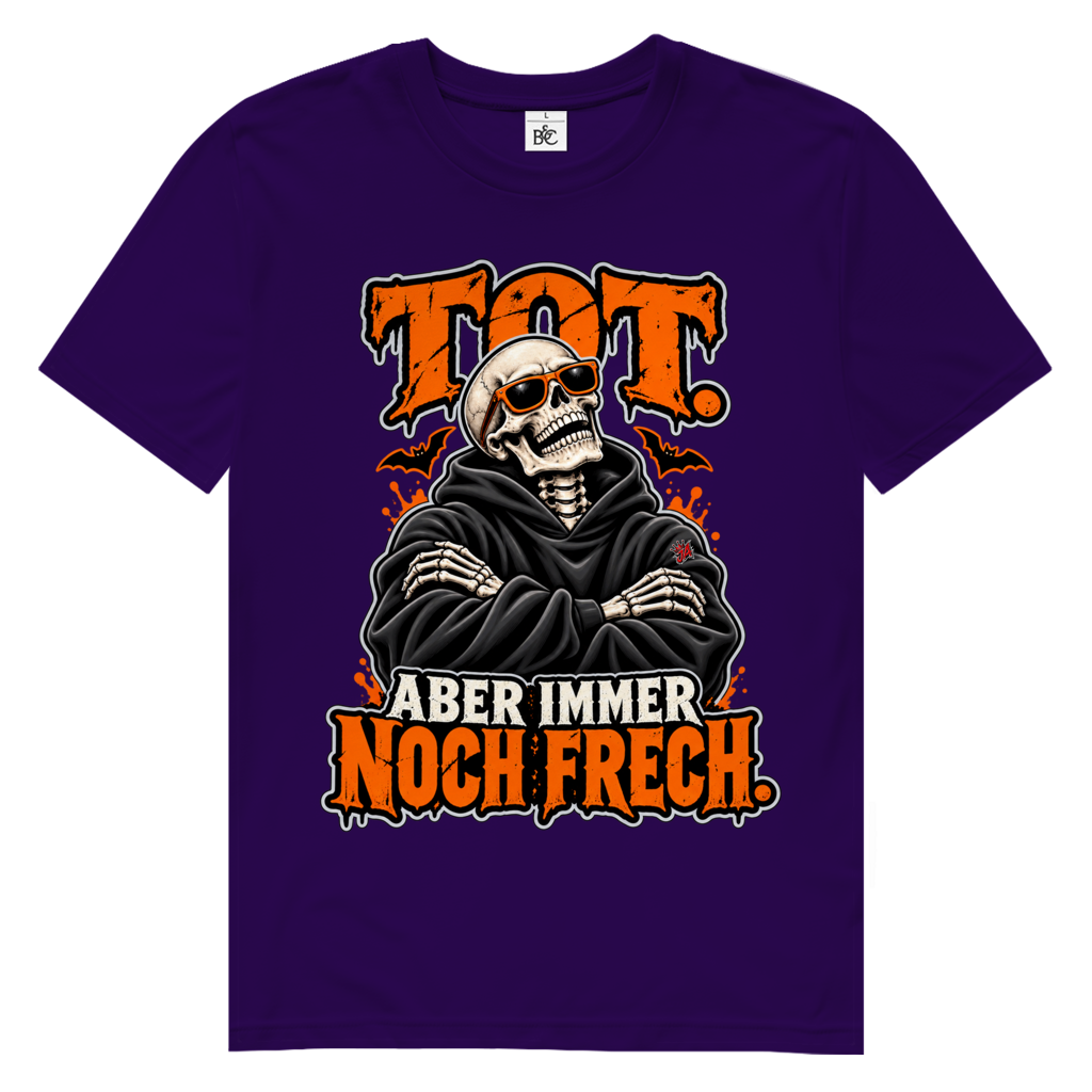 JA Knochenfrech – Herren-Bio-T-Shirt in Lila, Vorderansicht, Frontdruck: Skelett mit Sonnenbrille: „Tot. Aber immer noch frech.“ in Orange