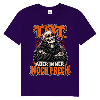 JA Knochenfrech – Herren-Bio-T-Shirt in Lila, Vorderansicht, Frontdruck: Skelett mit Sonnenbrille: „Tot. Aber immer noch frech.“ in Orange