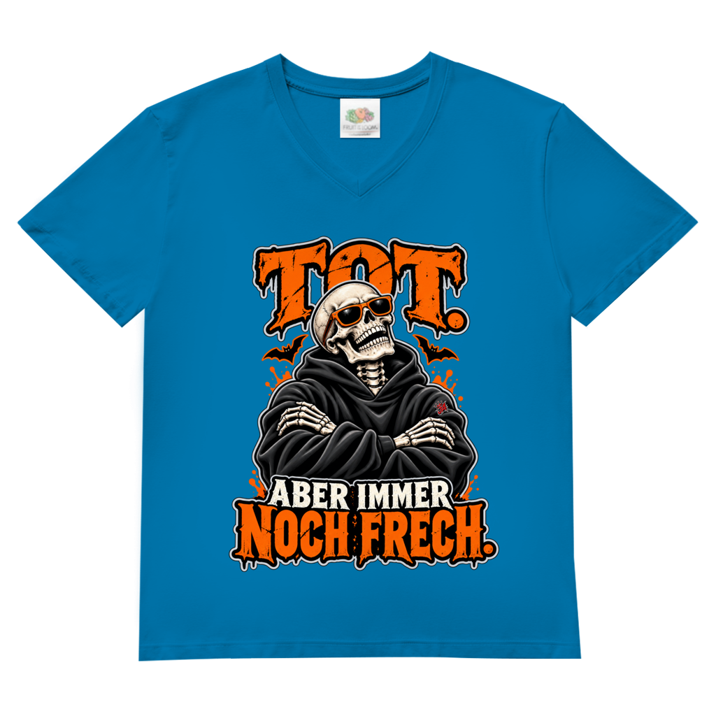 JA Knochenfrech – Herren-V-Neck-Shirt in Azurblau, Vorderansicht, Frontdruck: Skelett mit Sonnenbrille: „Tot. Aber immer noch frech.“ in Orange