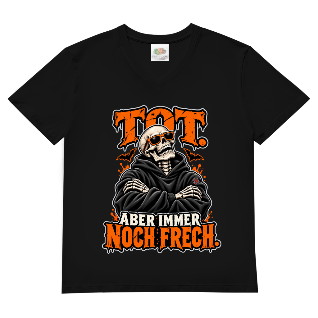 JA Knochenfrech – Herren-V-Neck-Shirt in Schwarz, Vorderansicht, Frontdruck: Skelett mit Sonnenbrille: „Tot. Aber immer noch frech.“ in Orange