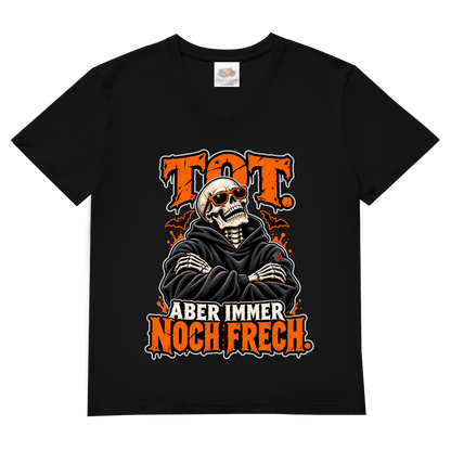 JA Knochenfrech – Herren-V-Neck-Shirt in Schwarz, Vorderansicht, Frontdruck: Skelett mit Sonnenbrille: „Tot. Aber immer noch frech.“ in Orange