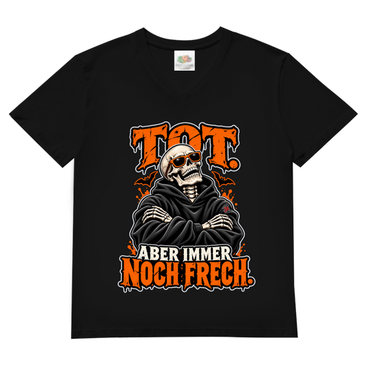 JA Knochenfrech – Herren-V-Neck-Shirt in Schwarz, Vorderansicht, Frontdruck: Skelett mit Sonnenbrille: „Tot. Aber immer noch frech.“ in Orange