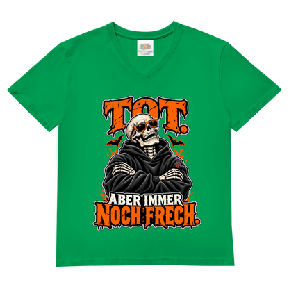JA Knochenfrech – Herren-V-Neck-Shirt in Kellygrün, Vorderansicht, Frontdruck: Skelett mit Sonnenbrille: „Tot. Aber immer noch frech.“ in Orange