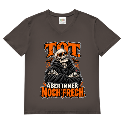 JA Knochenfrech – Herren-V-Neck-Shirt in Hellgraphit, Vorderansicht, Frontdruck: Skelett mit Sonnenbrille: „Tot. Aber immer noch frech.“ in Orange