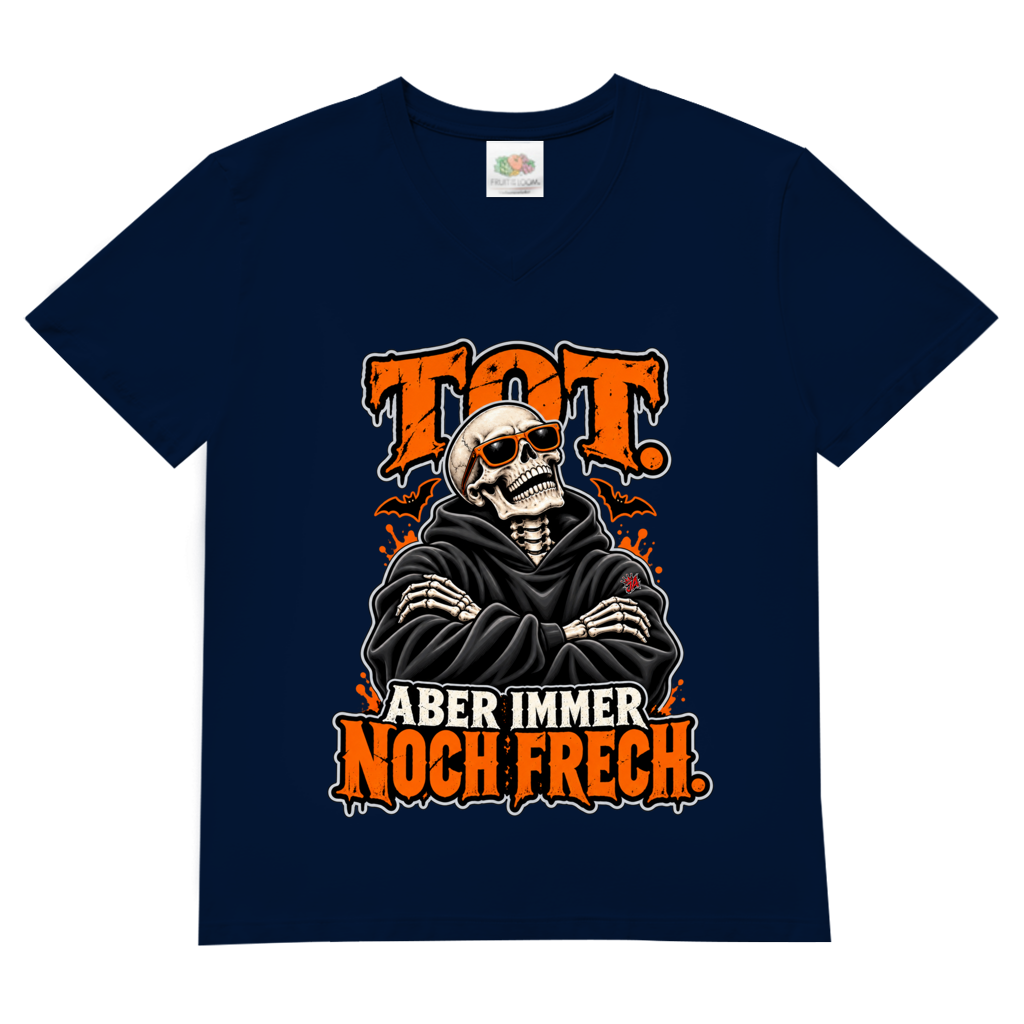 JA Knochenfrech – Herren-V-Neck-Shirt in Marineblau, Vorderansicht, Frontdruck: Skelett mit Sonnenbrille: „Tot. Aber immer noch frech.“ in Orange