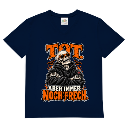 JA Knochenfrech – Herren-V-Neck-Shirt in Marineblau, Vorderansicht, Frontdruck: Skelett mit Sonnenbrille: „Tot. Aber immer noch frech.“ in Orange