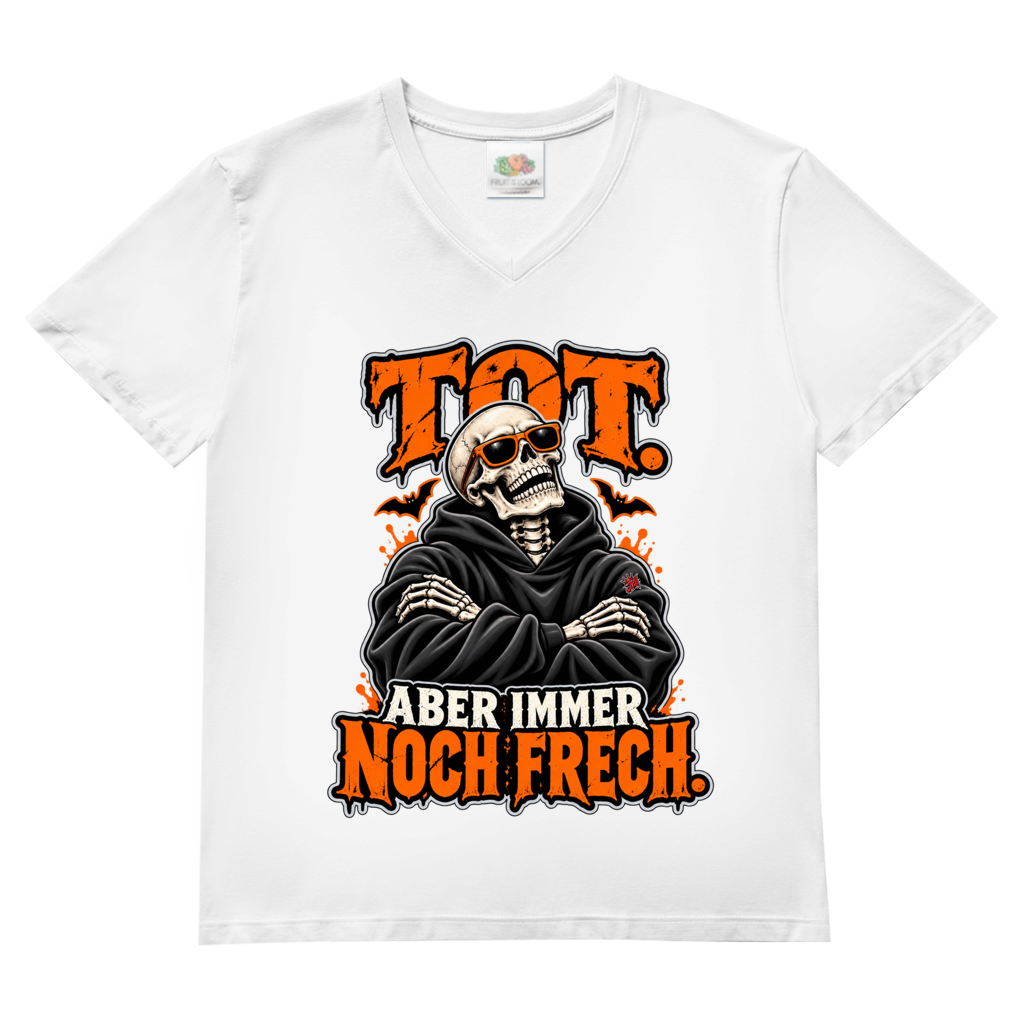 JA Knochenfrech – Herren-V-Neck-Shirt in Weiß, Vorderansicht, Frontdruck: Skelett mit Sonnenbrille: „Tot. Aber immer noch frech.“ in Orange