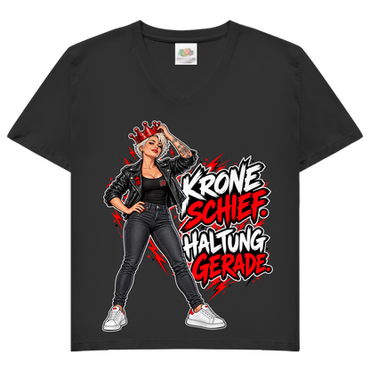 JA Krone schief, Haltung gerade – Damen-V-Neck-Shirt in Schwarz, Vorderansicht, Frontdruck: Frau mit schiefer roter Krone: „Krone schief. Haltung gerade.“