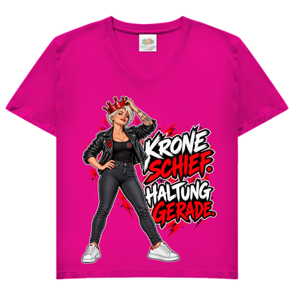 JA Krone schief, Haltung gerade – Damen-V-Neck-Shirt in Fuchsia, Vorderansicht, Frontdruck: Frau mit schiefer roter Krone: „Krone schief. Haltung gerade.“