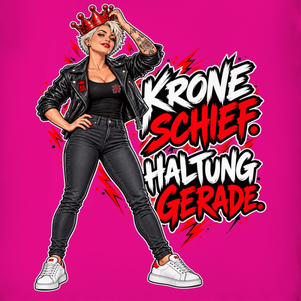 JA Krone schief, Haltung gerade – Damen-V-Neck-Shirt, Nahaufnahme vom Motiv