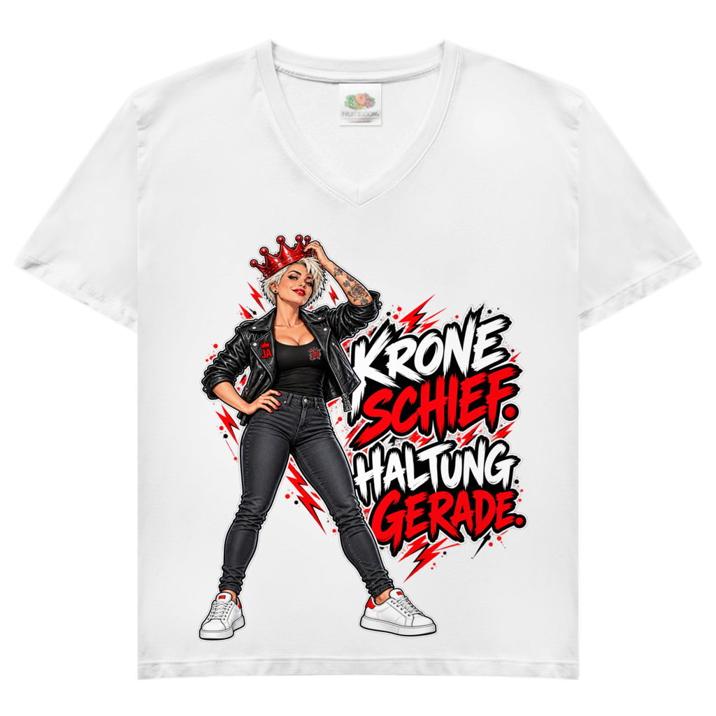JA Krone schief, Haltung gerade – Damen-V-Neck-Shirt in Weiß, Vorderansicht, Frontdruck: Frau mit schiefer roter Krone: „Krone schief. Haltung gerade.“