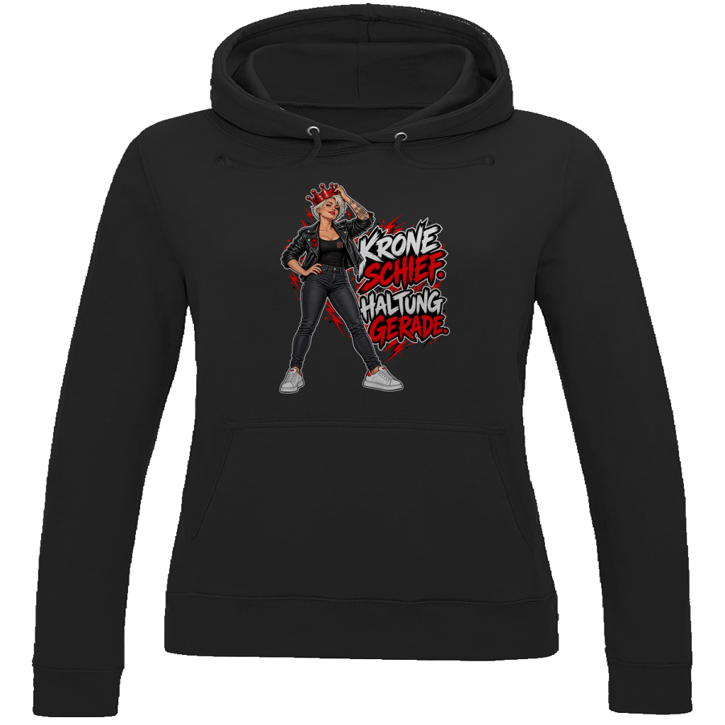JA Krone schief, Haltung gerade – Damen-Hoodie in Tiefschwarz, Vorderansicht, Frontdruck: Frau mit schiefer roter Krone: „Krone schief. Haltung gerade.“
