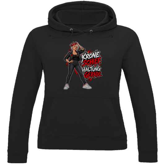 JA Krone schief, Haltung gerade – Damen-Hoodie in Tiefschwarz, Vorderansicht, Frontdruck: Frau mit schiefer roter Krone: „Krone schief. Haltung gerade.“
