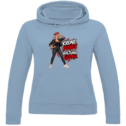 JA Krone schief, Haltung gerade – Damen-Hoodie in Himmelblau, Vorderansicht, Frontdruck: Frau mit schiefer roter Krone: „Krone schief. Haltung gerade.“
