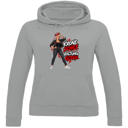 JA Krone schief, Haltung gerade – Damen-Hoodie in Grau meliert, Vorderansicht, Frontdruck: Frau mit schiefer roter Krone: „Krone schief. Haltung gerade.“