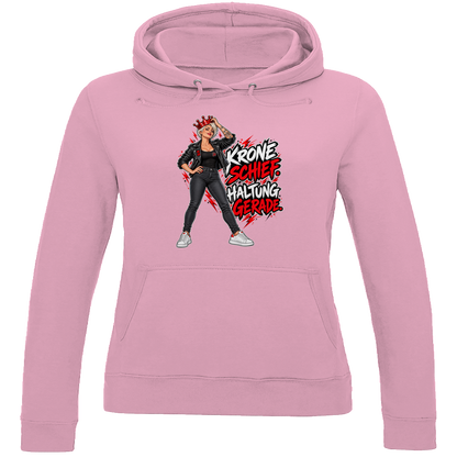 JA Krone schief, Haltung gerade – Damen-Hoodie in Babyrosa, Vorderansicht, Frontdruck: Frau mit schiefer roter Krone: „Krone schief. Haltung gerade.“