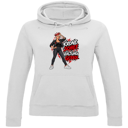 JA Krone schief, Haltung gerade – Damen-Hoodie in Arktisweiß, Vorderansicht, Frontdruck: Frau mit schiefer roter Krone: „Krone schief. Haltung gerade.“