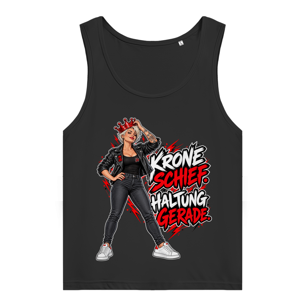 JA Krone schief, Haltung gerade – Damen-Bio-Tanktop in Schwarz, Vorderansicht, Frontdruck: Frau mit schiefer roter Krone: „Krone schief. Haltung gerade.“