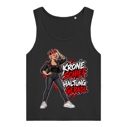 JA Krone schief, Haltung gerade – Damen-Bio-Tanktop in Schwarz, Vorderansicht, Frontdruck: Frau mit schiefer roter Krone: „Krone schief. Haltung gerade.“