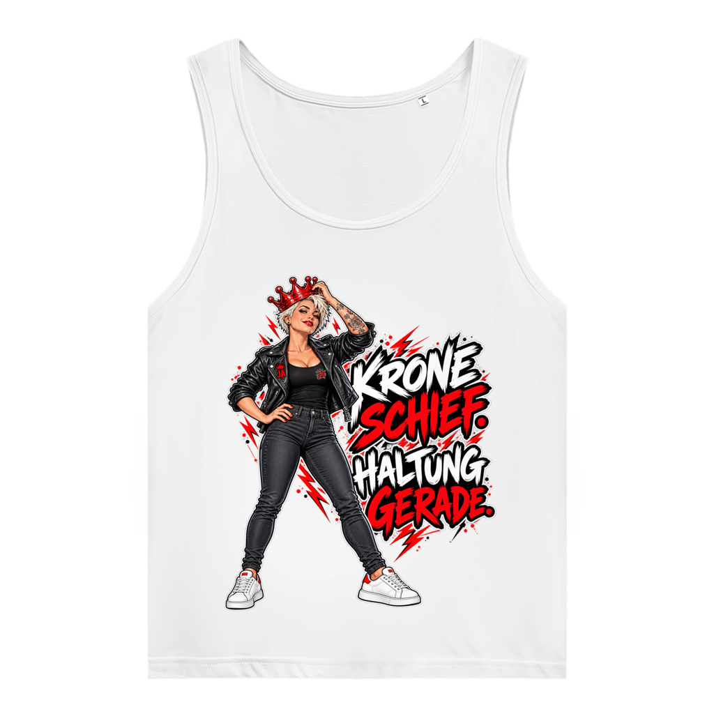 JA Krone schief, Haltung gerade – Damen-Bio-Tanktop in Weiß, Vorderansicht, Frontdruck: Frau mit schiefer roter Krone: „Krone schief. Haltung gerade.“