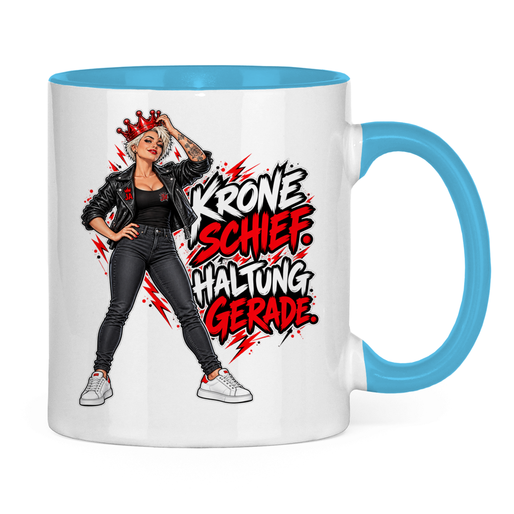 JA Krone schief, Haltung gerade – Tasse in Hellblau, Rückansicht, ebenfalls bedruckt