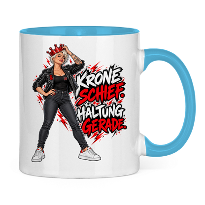 JA Krone schief, Haltung gerade – Tasse in Hellblau, Rückansicht, ebenfalls bedruckt