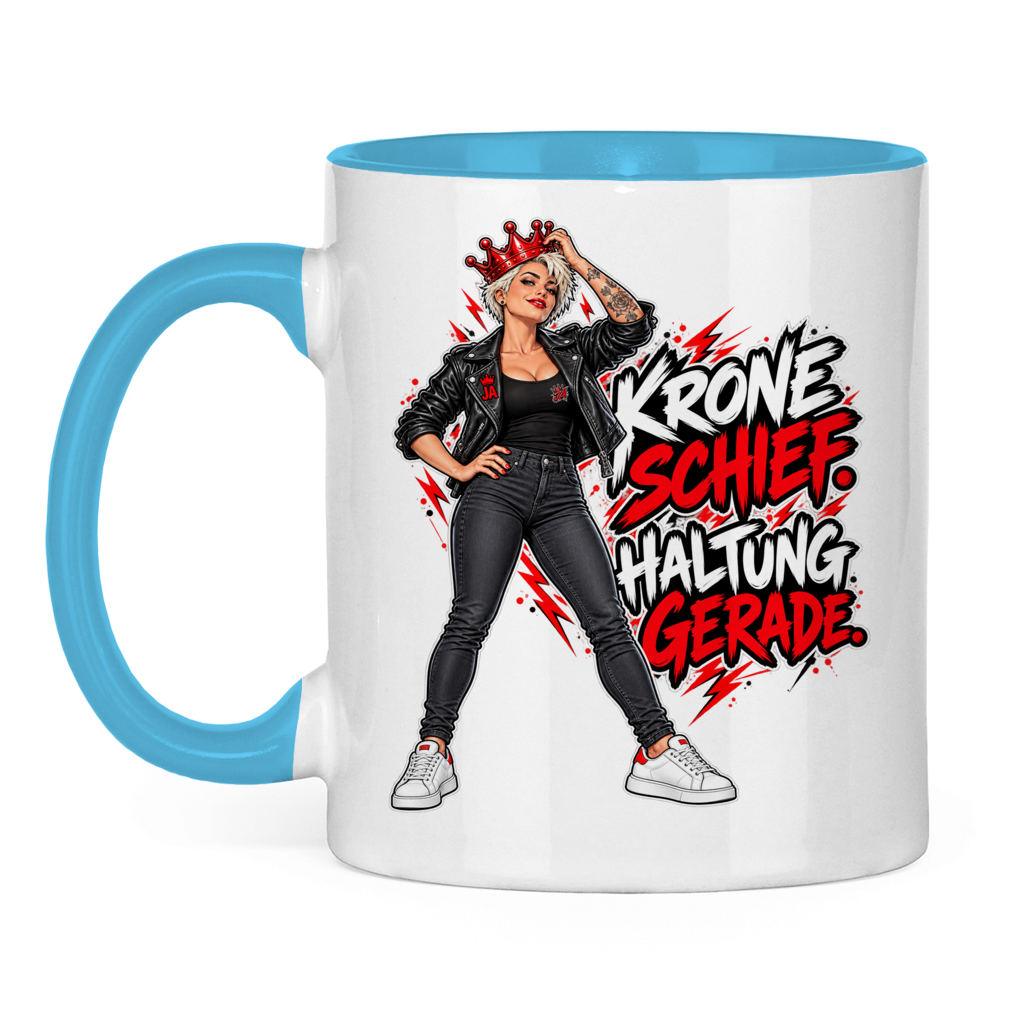 JA Krone schief, Haltung gerade – Tasse in Hellblau, Vorderansicht, Aufdruck: Frau mit schiefer roter Krone: „Krone schief. Haltung gerade.“
