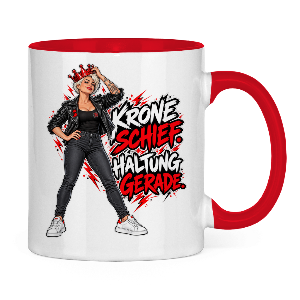 JA Krone schief, Haltung gerade – Tasse in Rot, Rückansicht, ebenfalls bedruckt