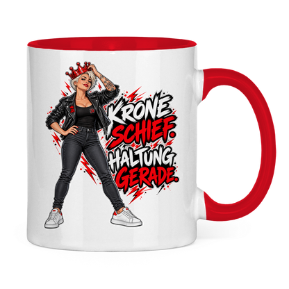 JA Krone schief, Haltung gerade – Tasse in Rot, Rückansicht, ebenfalls bedruckt