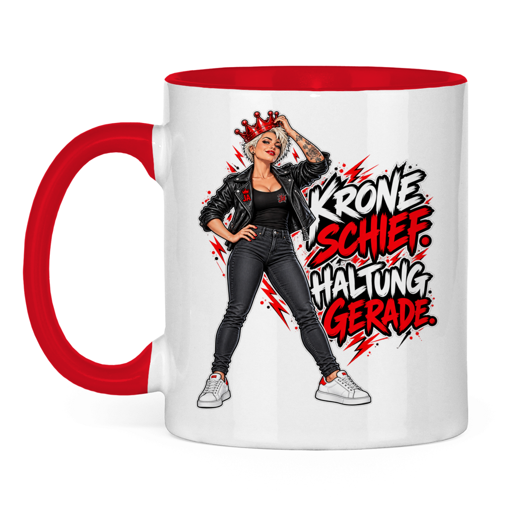 JA Krone schief, Haltung gerade – Tasse in Rot, Vorderansicht, Aufdruck: Frau mit schiefer roter Krone: „Krone schief. Haltung gerade.“
