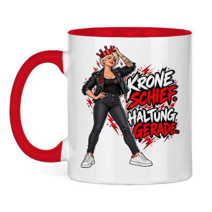 JA Krone schief, Haltung gerade – Tasse in Rot, Vorderansicht, Aufdruck: Frau mit schiefer roter Krone: „Krone schief. Haltung gerade.“