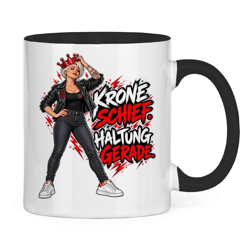 JA Krone schief, Haltung gerade – Tasse in Schwarz, Rückansicht, ebenfalls bedruckt