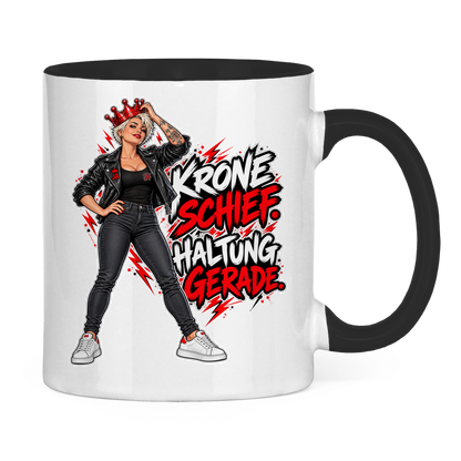 JA Krone schief, Haltung gerade – Tasse in Schwarz, Rückansicht, ebenfalls bedruckt