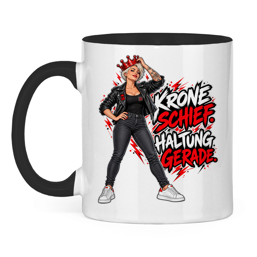 JA Krone schief, Haltung gerade – Tasse in Schwarz, Vorderansicht, Aufdruck: Frau mit schiefer roter Krone: „Krone schief. Haltung gerade.“