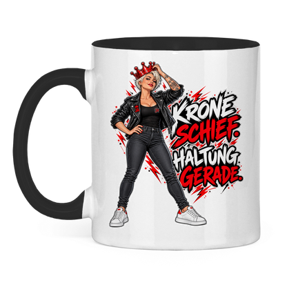 JA Krone schief, Haltung gerade – Tasse in Schwarz, Vorderansicht, Aufdruck: Frau mit schiefer roter Krone: „Krone schief. Haltung gerade.“