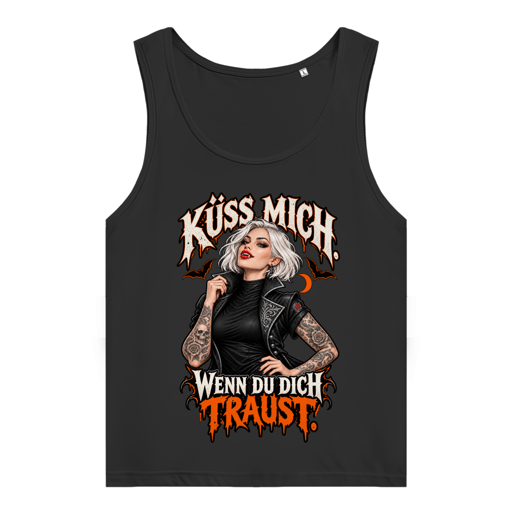 JA Kussbiss – Damen-Bio-Tanktop in Schwarz, Vorderansicht, Frontdruck: Vampirin mit Tattoos und Spruch „Küss mich. Wenn du dich traust.“