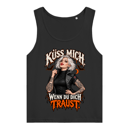 JA Kussbiss – Damen-Bio-Tanktop in Schwarz, Vorderansicht, Frontdruck: Vampirin mit Tattoos und Spruch „Küss mich. Wenn du dich traust.“